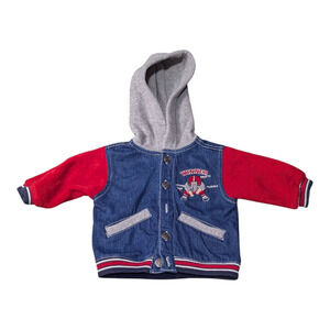 Vintage Kids Style Denim and Fleece Hoodie Jacket Size 3-5 M Football Embroidery